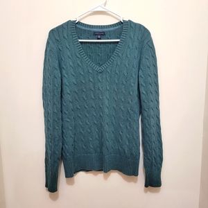 Tommy Hilfiger Sweater Classic Green Cable Knit Women XL 100% Cotton.